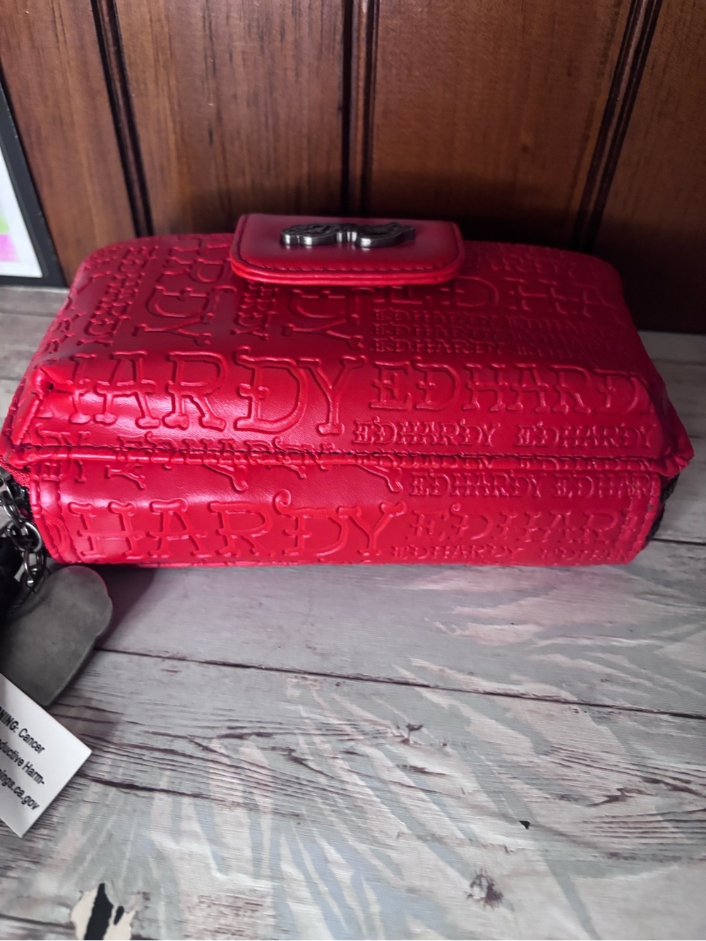Ed Hardy Red Embossed Wristlet Clutch with Logo Plaque - Picture 6 of 8